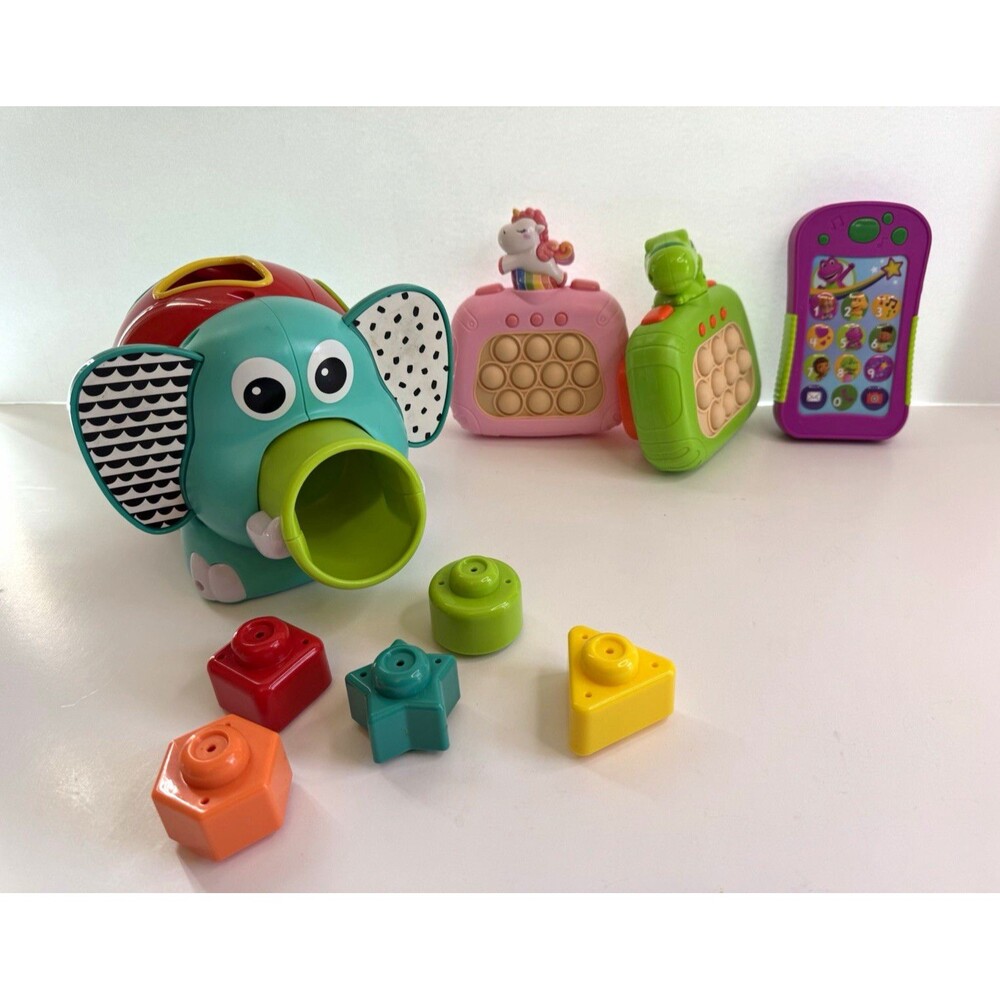 Toy Lot: Infantino Elephant Shape Sorter, Fisher-Price Barney Phone, Pop ItGame